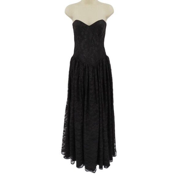 VTG Gunne Sax Jessica McClintock Women 9 Black Lace Strapless Gown Dress Bow - Picture 1 of 13